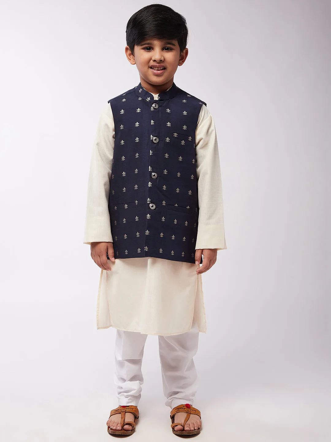 Kid's Cotton Silk Off-White Kurta & Navy Blue Nehru Jacket With White Churidar Pyjama Set  - Sojanya KID