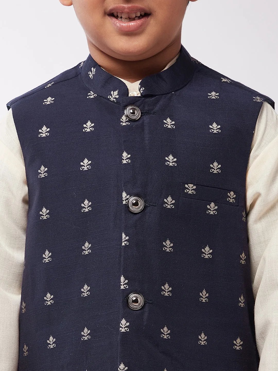 Kid's Cotton Silk Off-White Kurta & Navy Blue Nehru Jacket With White Churidar Pyjama Set  - Sojanya KID