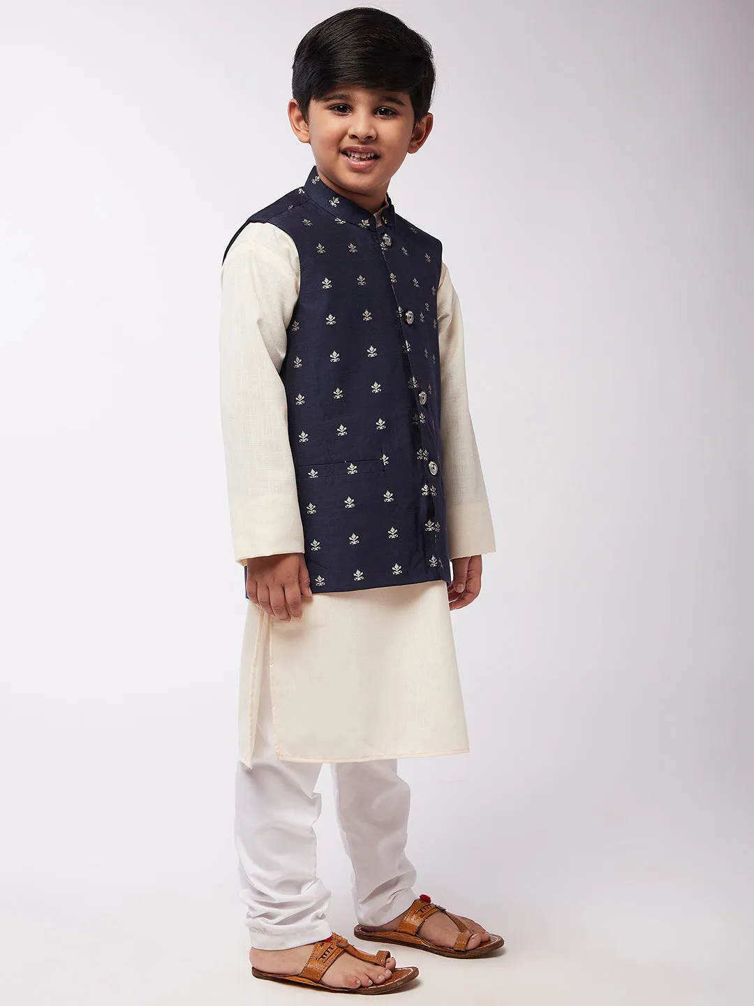 Kid's Cotton Silk Off-White Kurta & Navy Blue Nehru Jacket With White Churidar Pyjama Set  - Sojanya KID