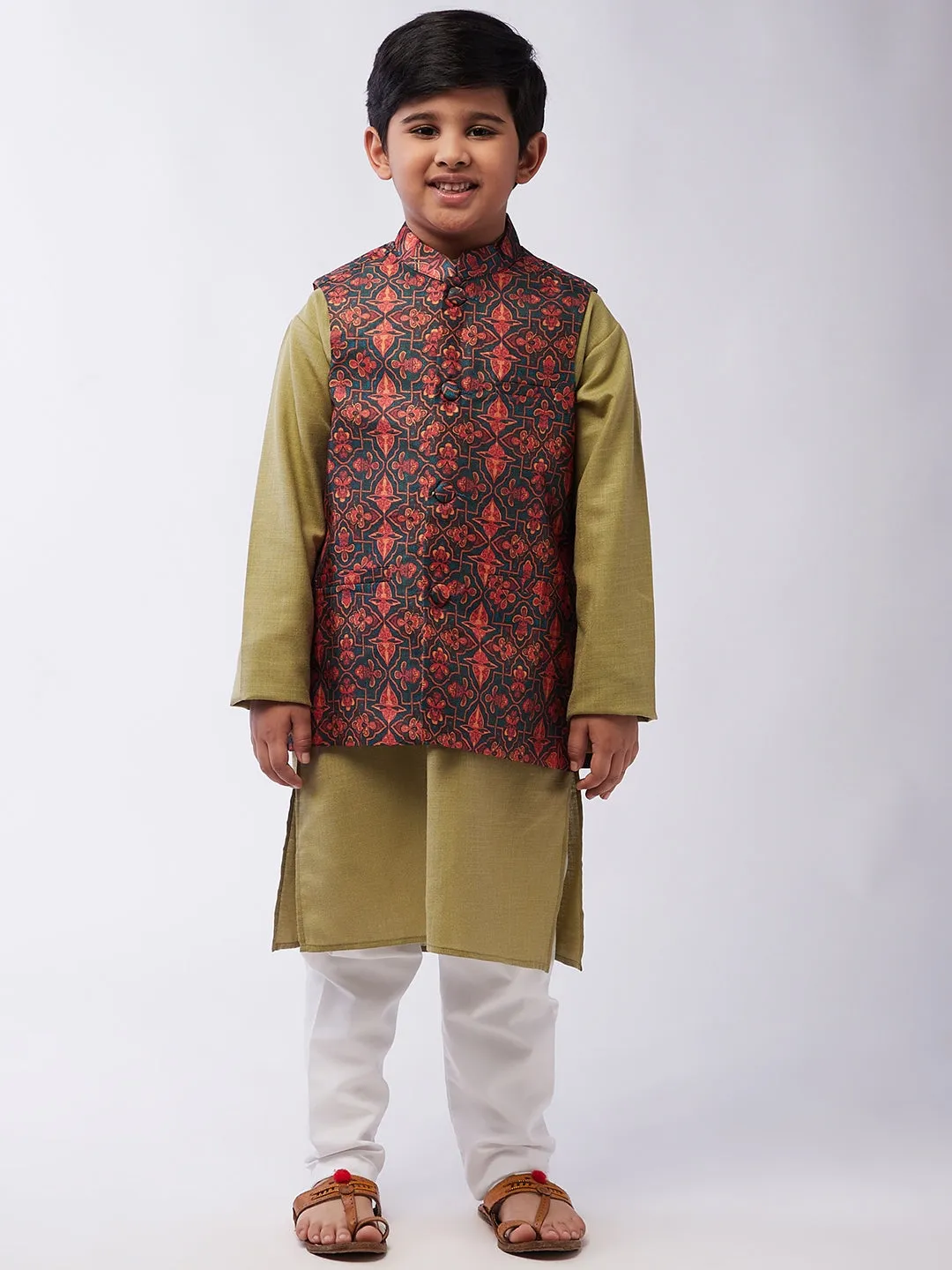 Kid's Cotton Silk Pista Green Kurta & Multi Nehru Jacket With White Churidar Pyjama Set  - Sojanya KID