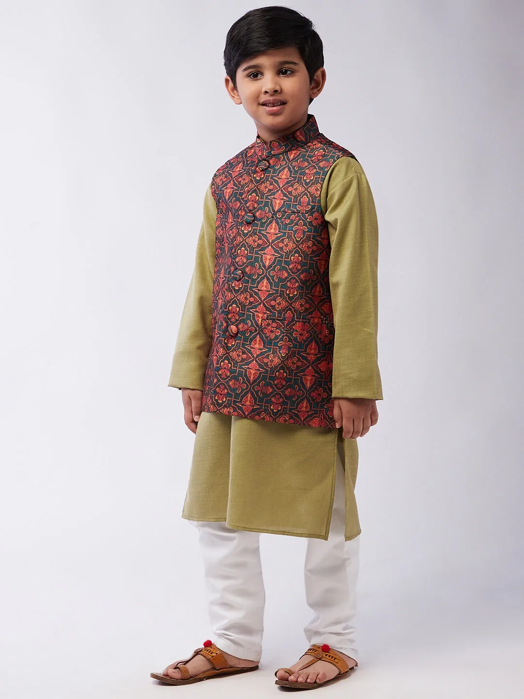 Kid's Cotton Silk Pista Green Kurta & Multi Nehru Jacket With White Churidar Pyjama Set  - Sojanya KID