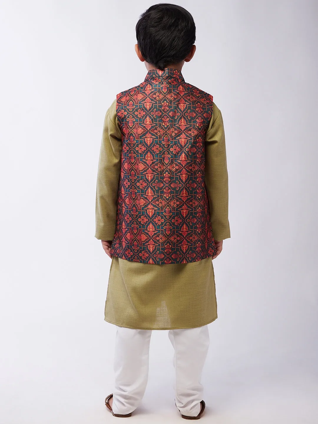 Kid's Cotton Silk Pista Green Kurta & Multi Nehru Jacket With White Churidar Pyjama Set  - Sojanya KID