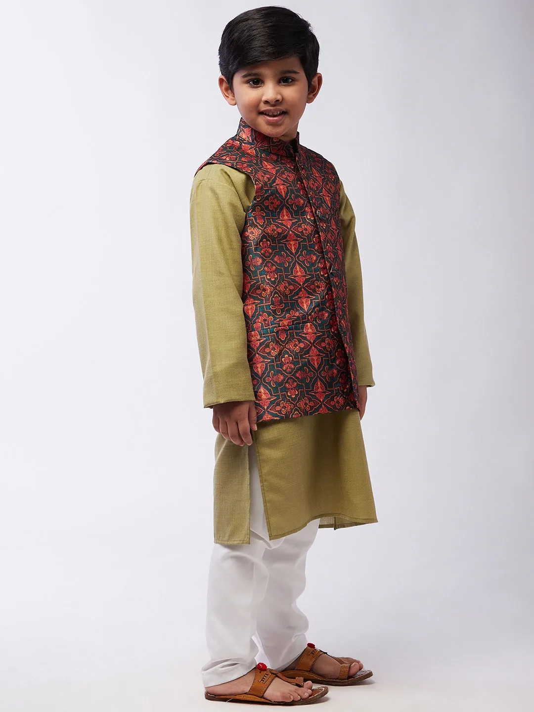 Kid's Cotton Silk Pista Green Kurta & Multi Nehru Jacket With White Churidar Pyjama Set  - Sojanya KID