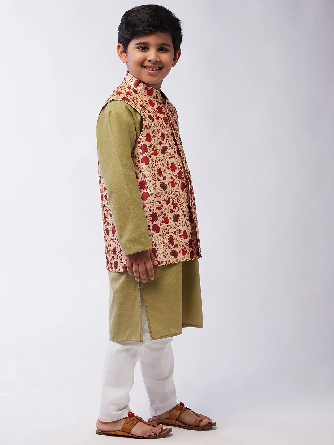 Kid's Cotton Silk Pista Green Kurta & Red Nehru Jacket With White Churidar Pyjama Set - Sojanya KID