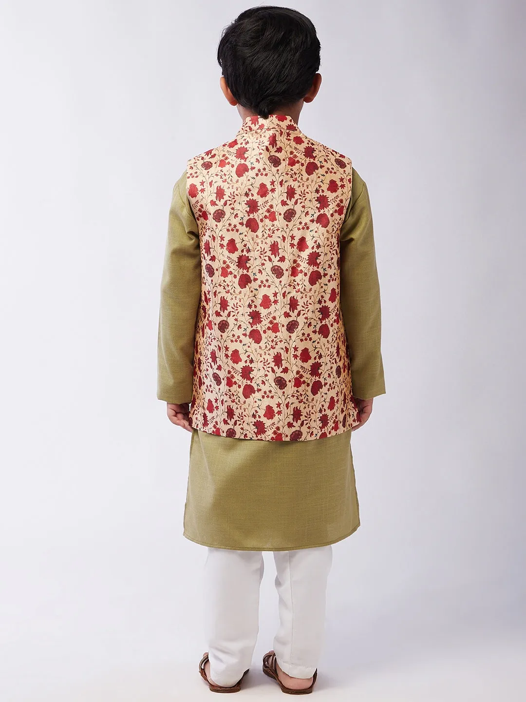 Kid's Cotton Silk Pista Green Kurta & Red Nehru Jacket With White Churidar Pyjama Set - Sojanya KID