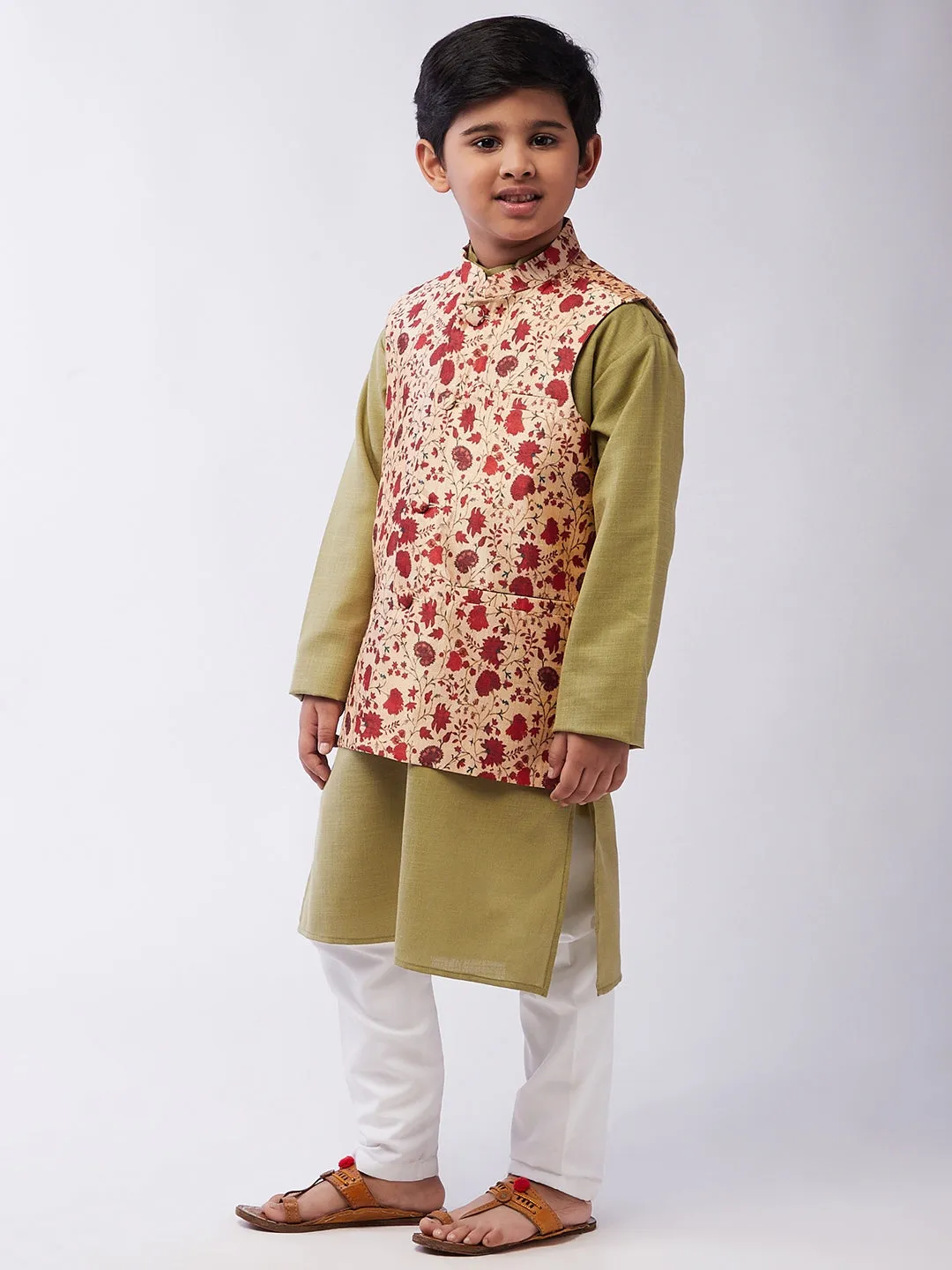 Kid's Cotton Silk Pista Green Kurta & Red Nehru Jacket With White Churidar Pyjama Set - Sojanya KID