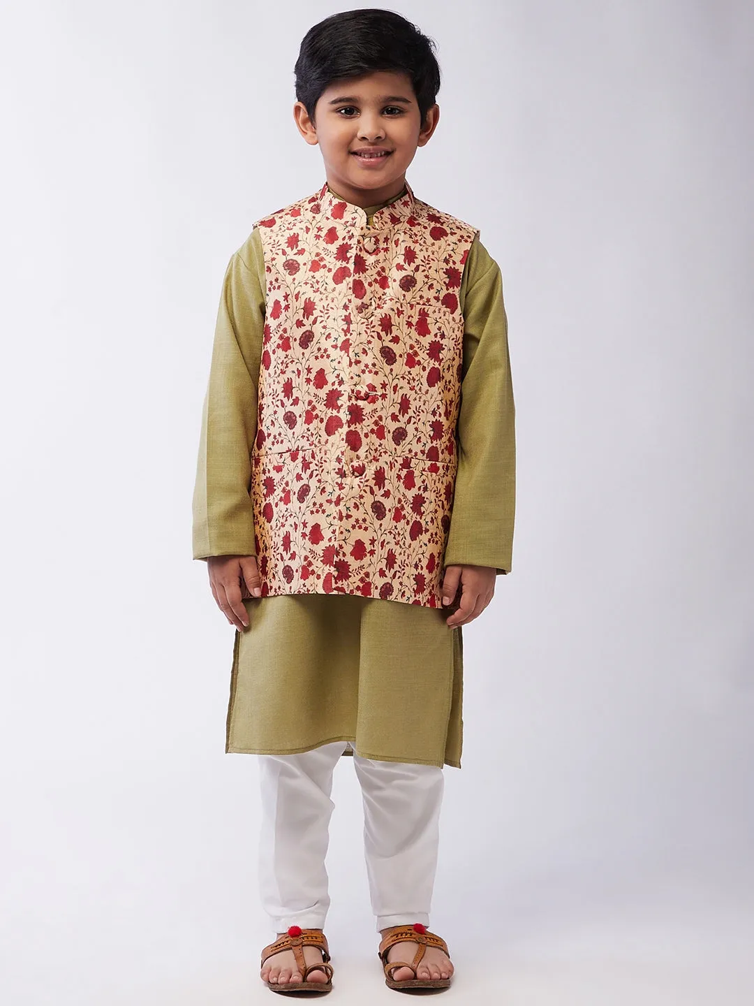 Kid's Cotton Silk Pista Green Kurta & Red Nehru Jacket With White Churidar Pyjama Set - Sojanya KID