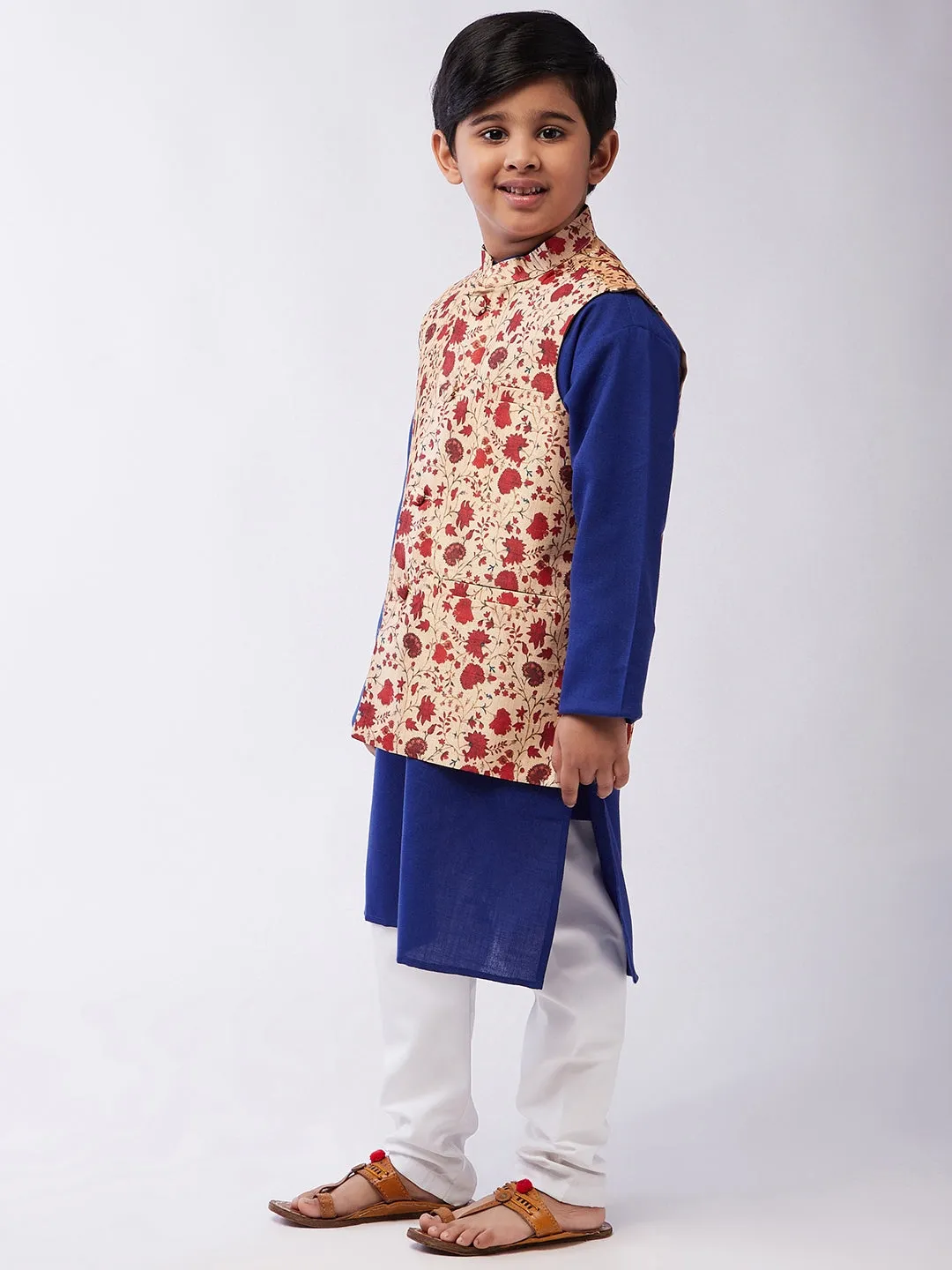 Kid's Cotton Silk RBlue Kurta & Red Nehru Jacket With White Churidar Pyjama Set - Sojanya KID