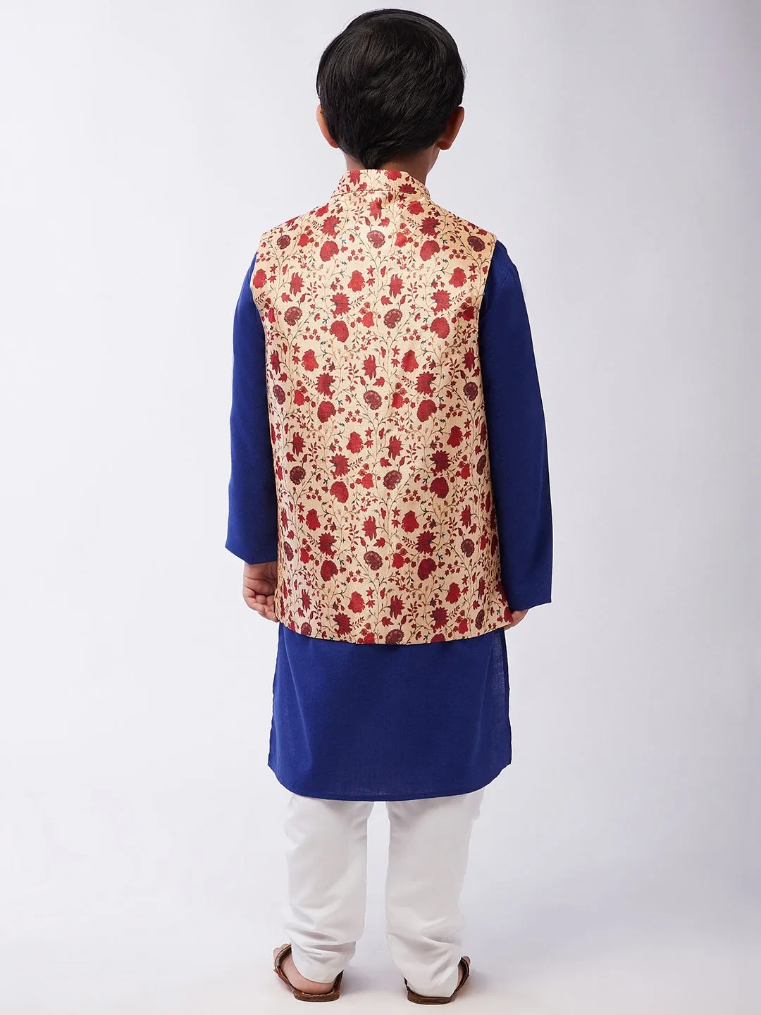 Kid's Cotton Silk RBlue Kurta & Red Nehru Jacket With White Churidar Pyjama Set - Sojanya KID