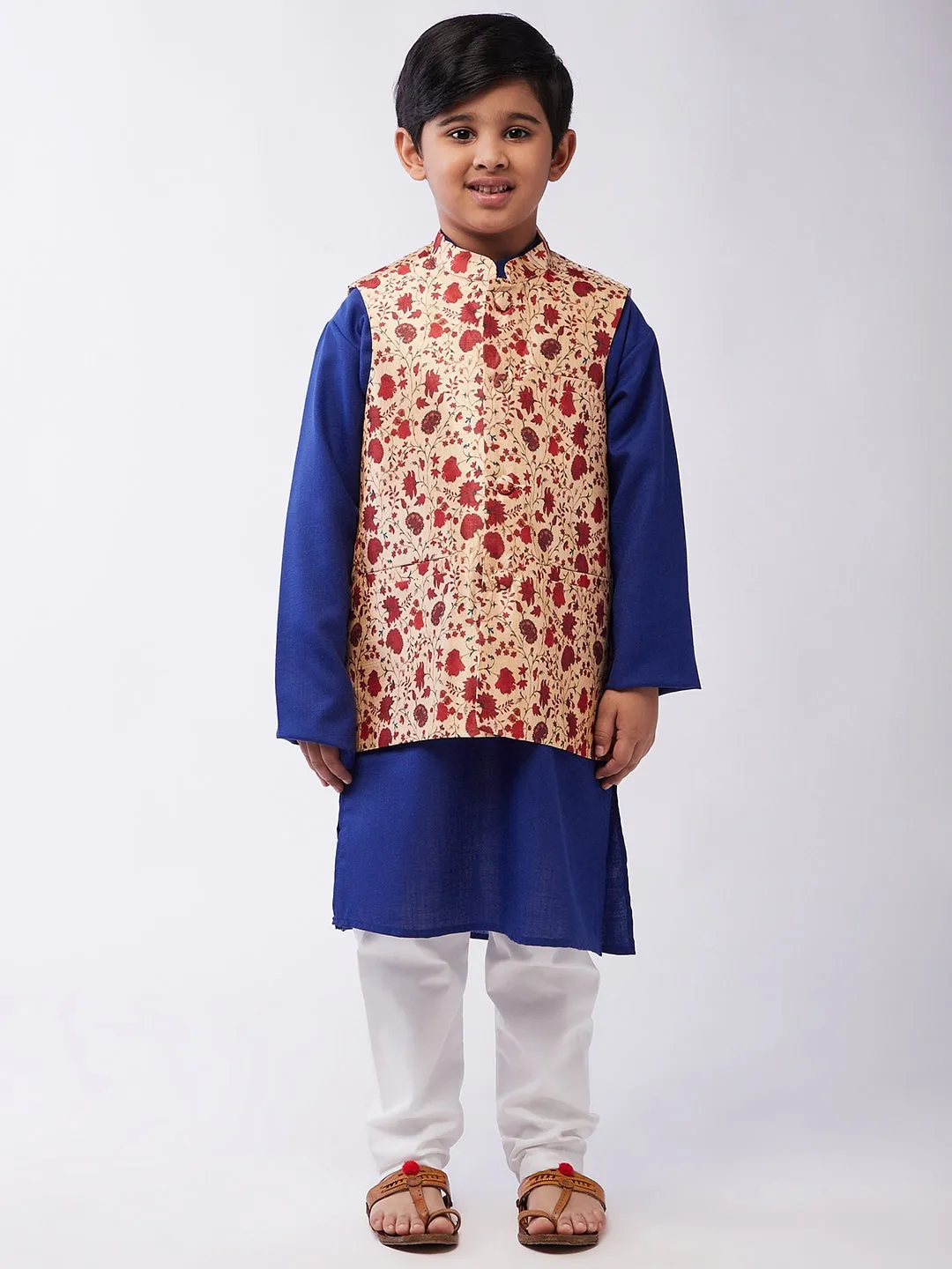 Kid's Cotton Silk RBlue Kurta & Red Nehru Jacket With White Churidar Pyjama Set - Sojanya KID