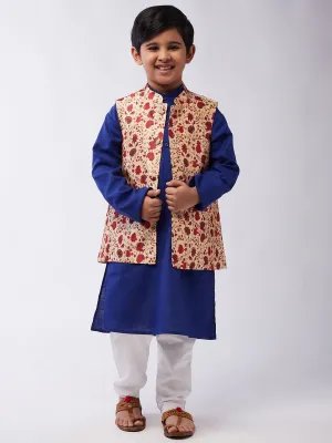 Kid's Cotton Silk RBlue Kurta & Red Nehru Jacket With White Churidar Pyjama Set - Sojanya KID