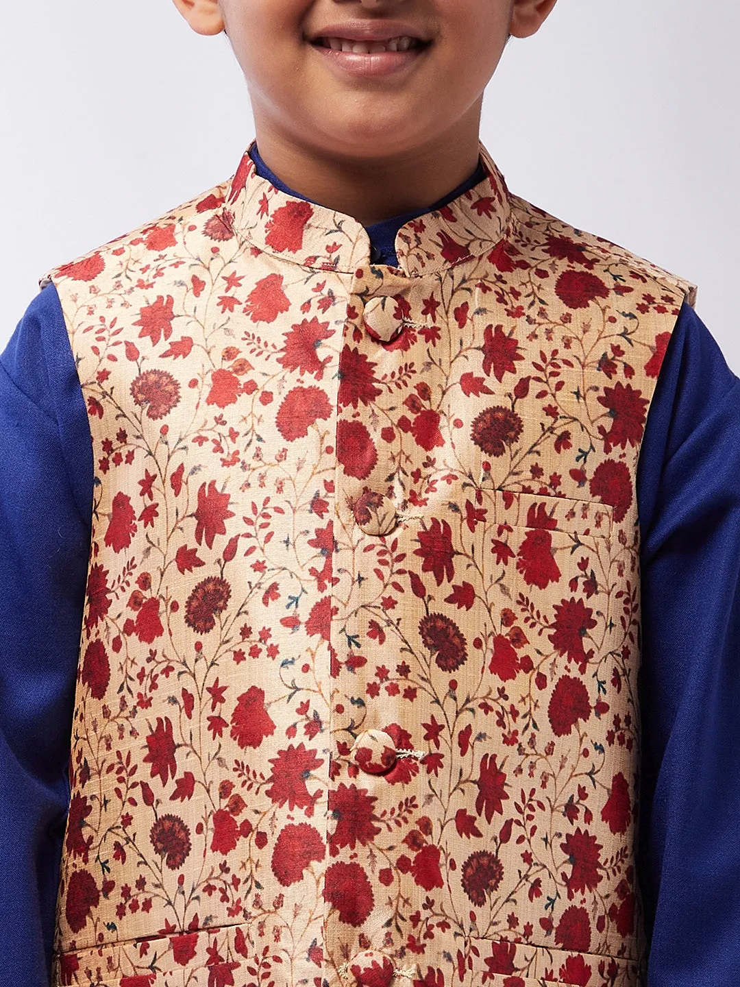 Kid's Cotton Silk RBlue Kurta & Red Nehru Jacket With White Churidar Pyjama Set - Sojanya KID