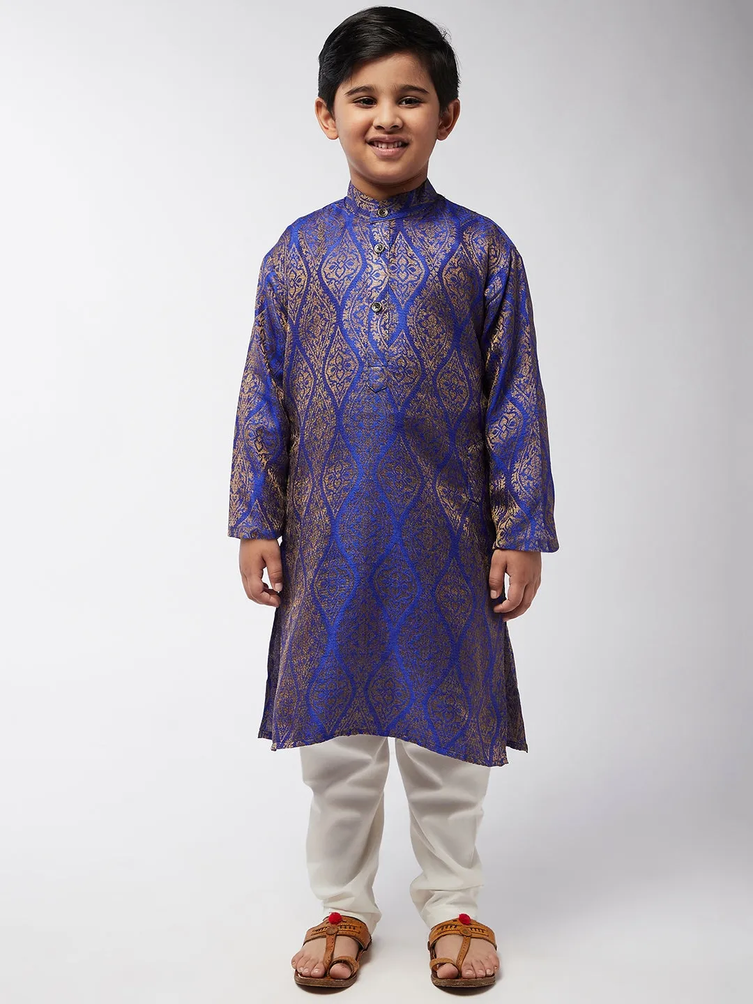 Kid's Jacquard Silk RBlue & Gold Kurta & Off-White Churidar Pyjama Set - Sojanya KID