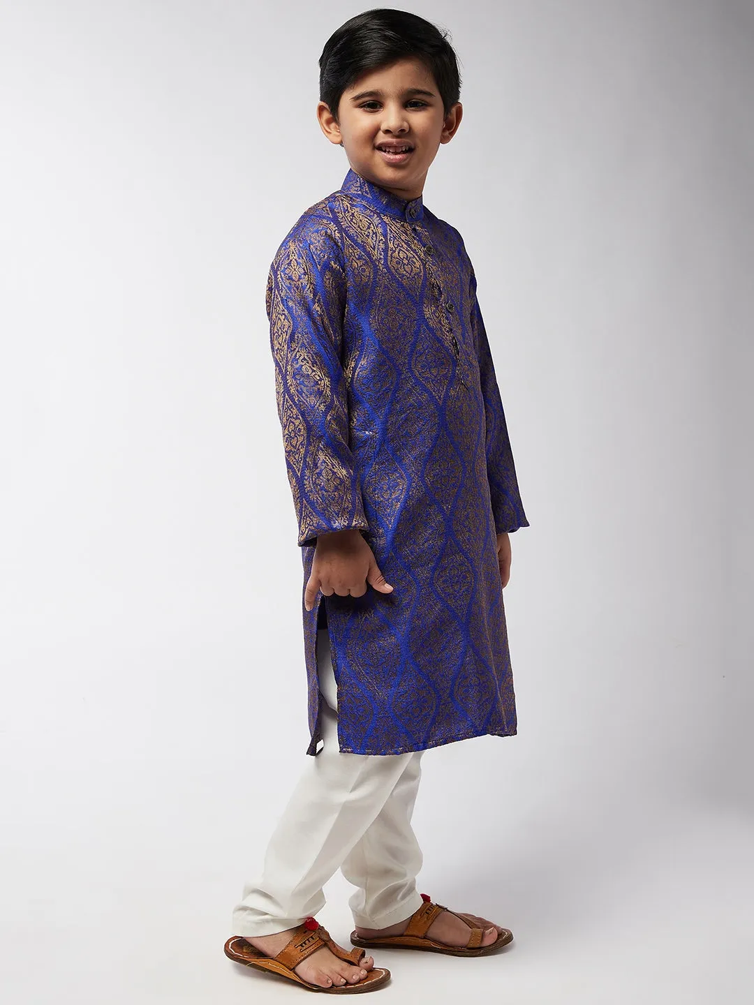 Kid's Jacquard Silk RBlue & Gold Kurta & Off-White Churidar Pyjama Set - Sojanya KID