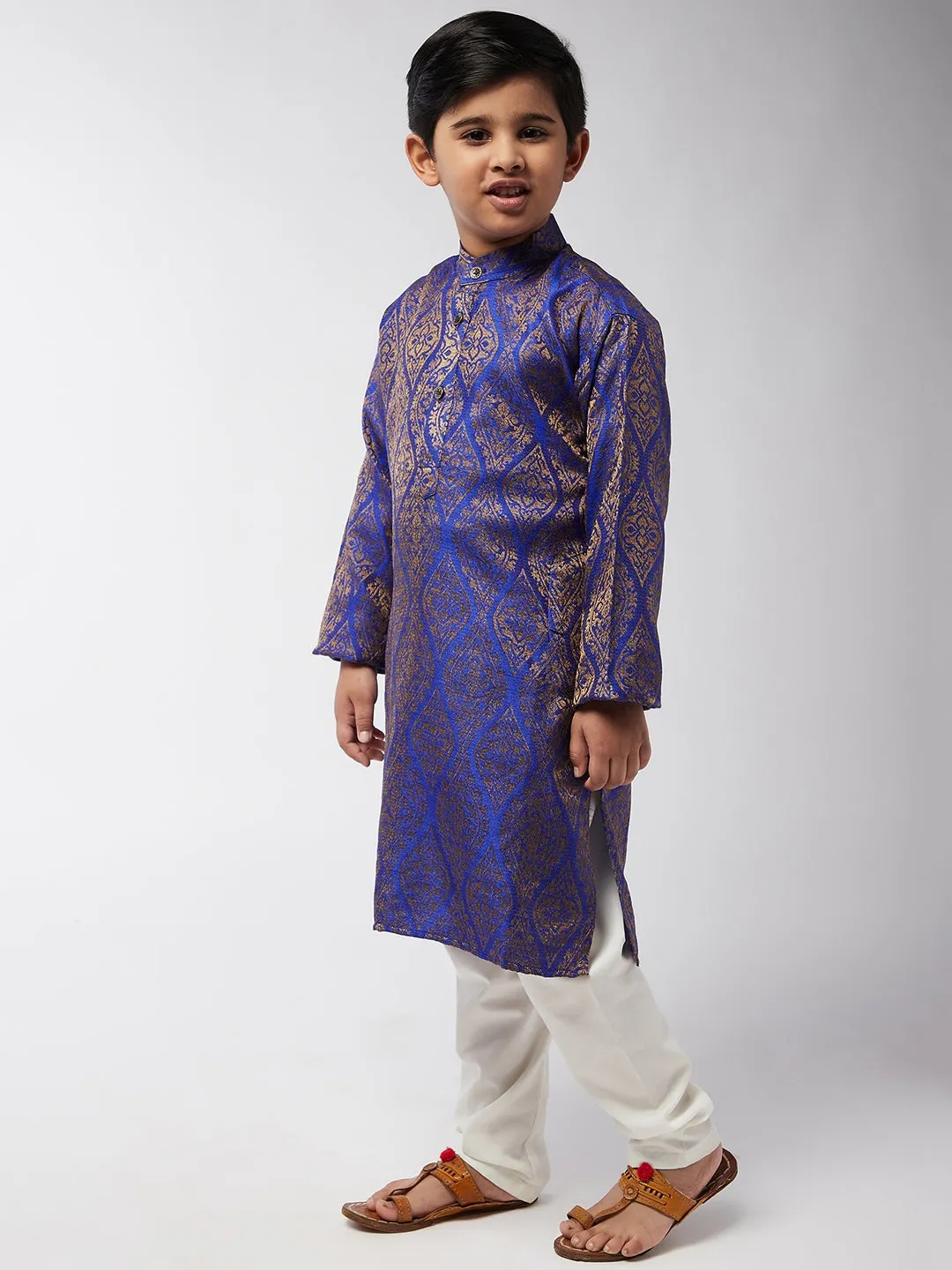 Kid's Jacquard Silk RBlue & Gold Kurta & Off-White Churidar Pyjama Set - Sojanya KID