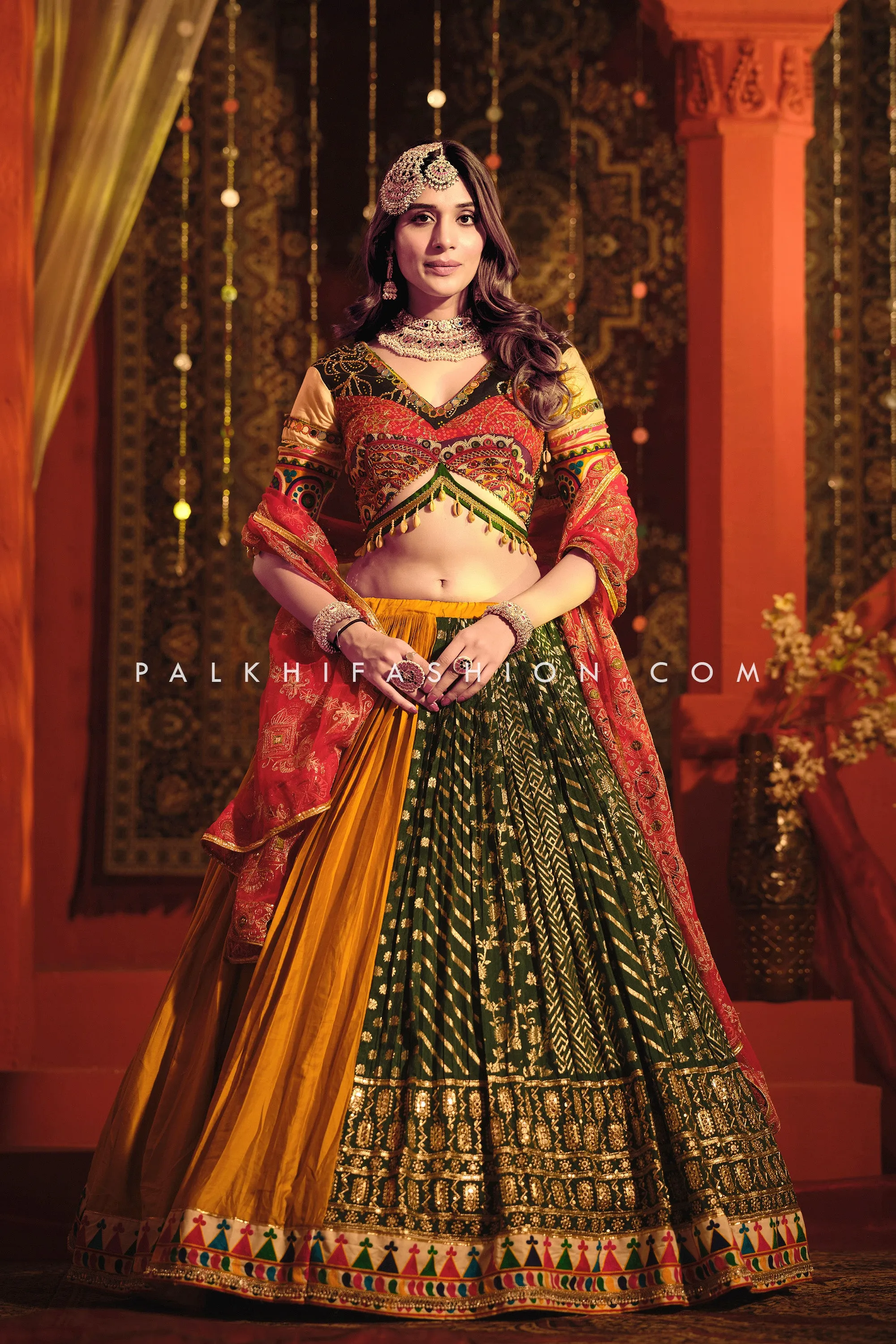 Lavish Emerald Green/Mustard Designer Navratri Chaniya Choli