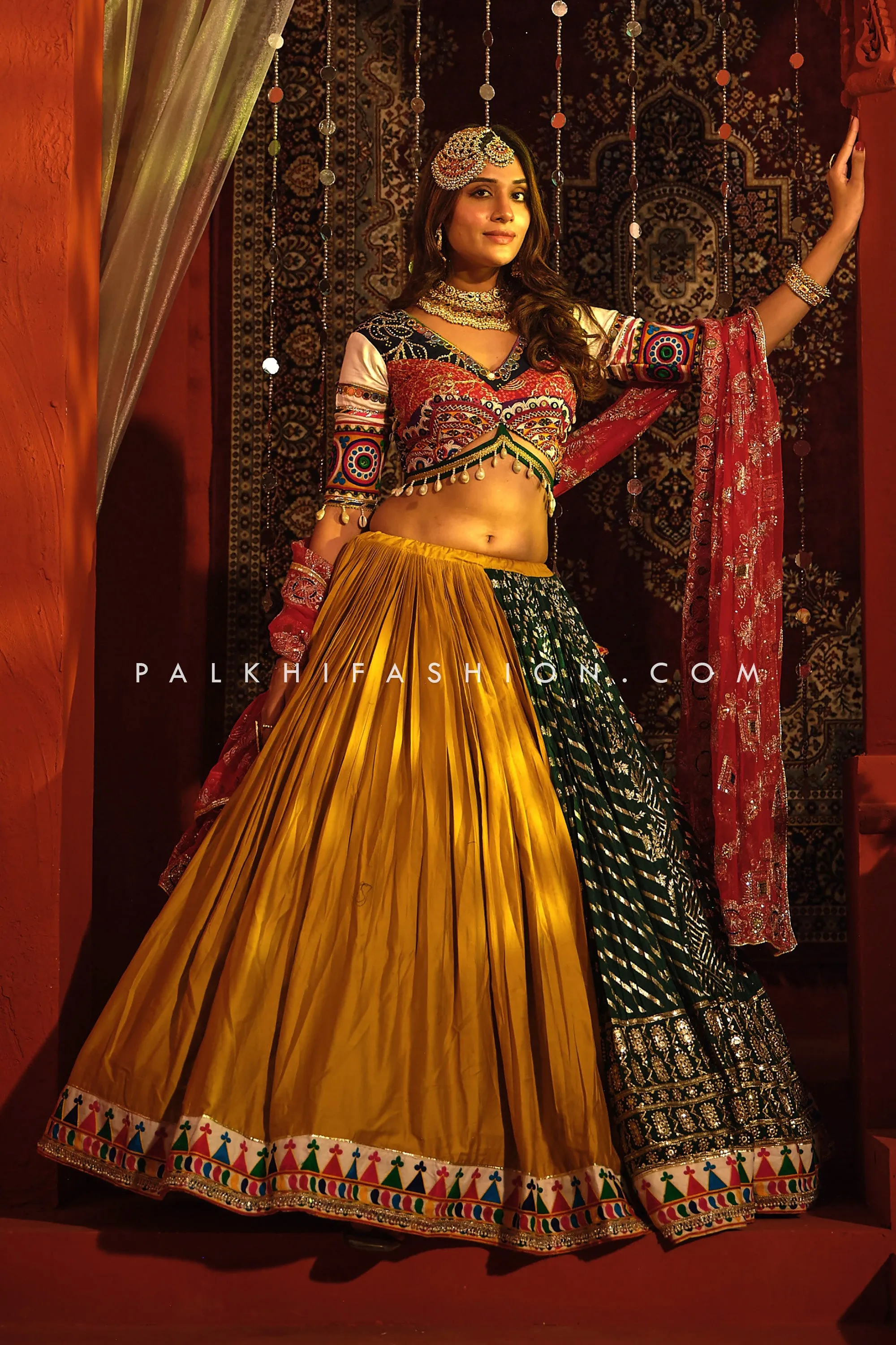 Lavish Emerald Green/Mustard Designer Navratri Chaniya Choli