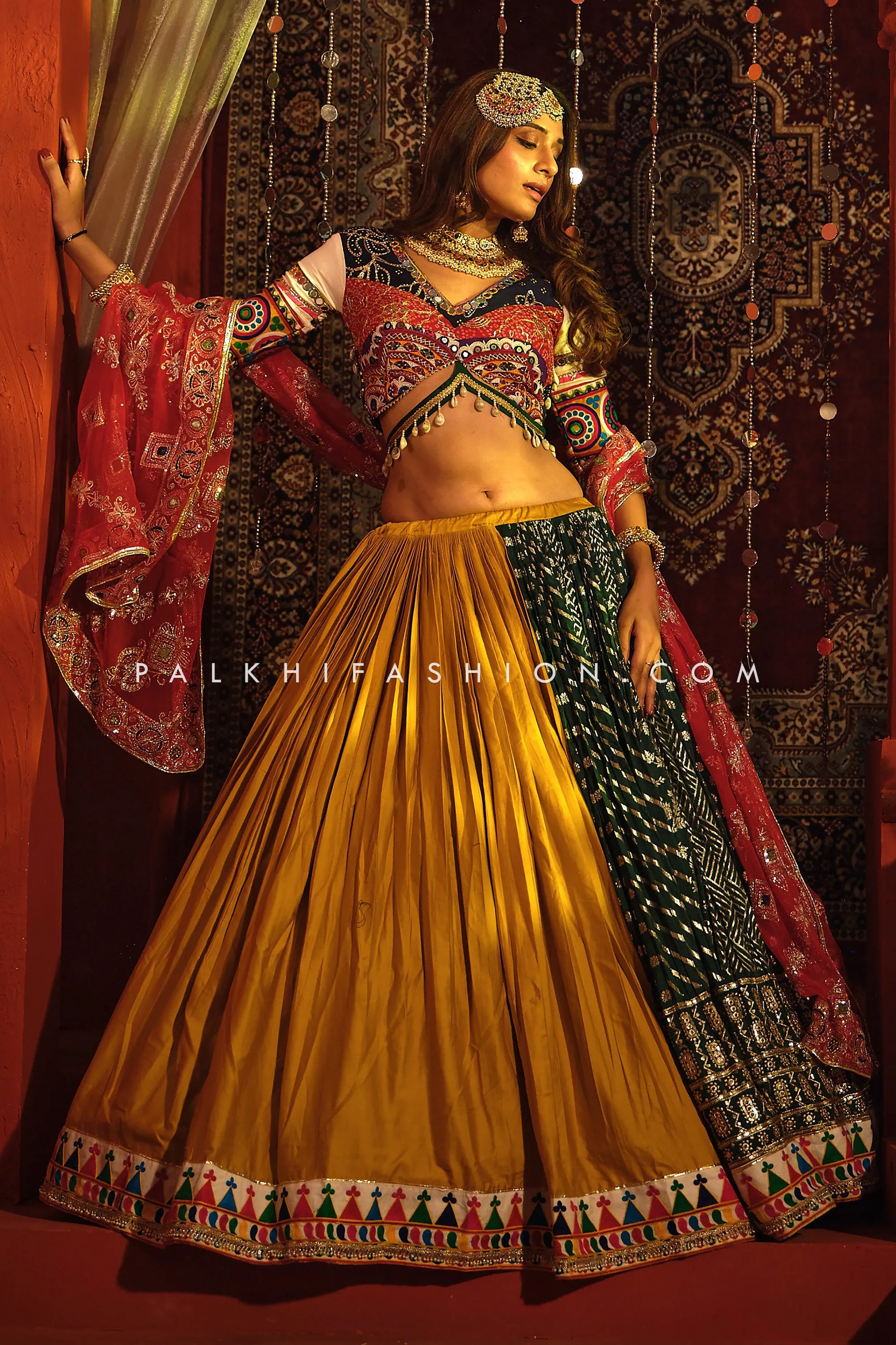 Lavish Emerald Green/Mustard Designer Navratri Chaniya Choli