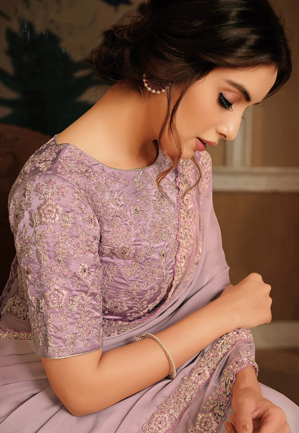 Lilac Purple Embroidered Saree