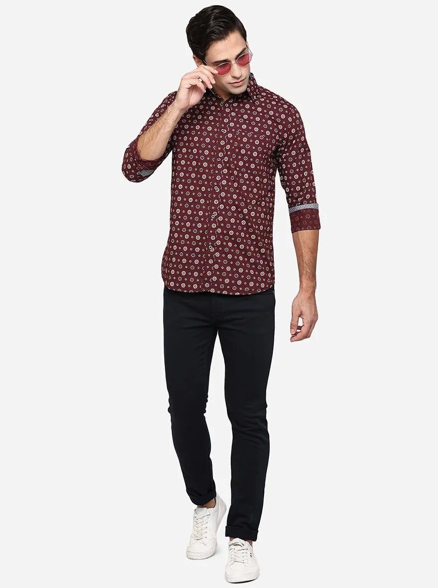 Maroon Printed Slim Fit Semi Casual Shirt | JadeBlue