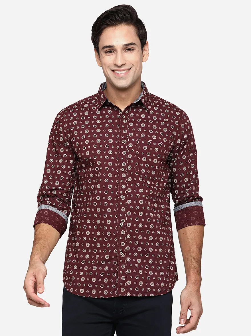 Maroon Printed Slim Fit Semi Casual Shirt | JadeBlue