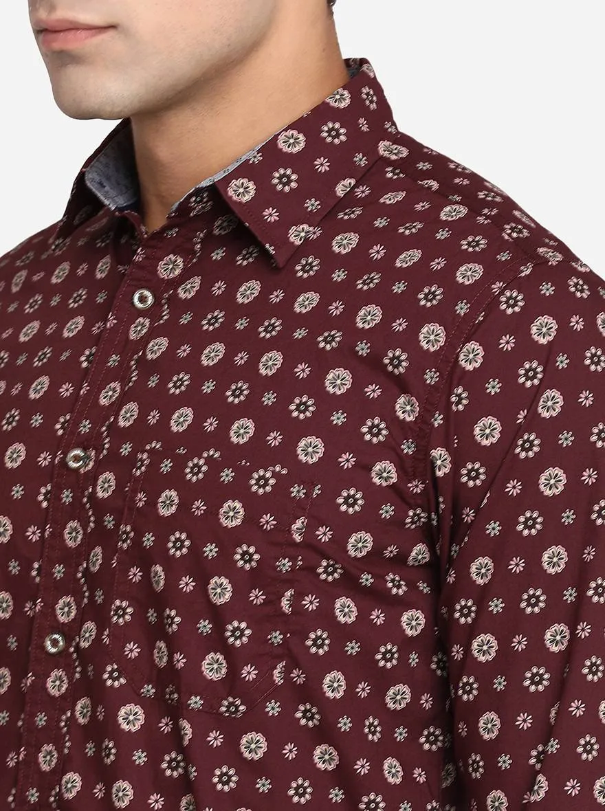 Maroon Printed Slim Fit Semi Casual Shirt | JadeBlue