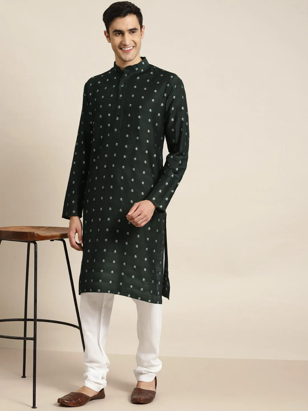 Men's Cotton Dark Green Kurta & White Churidar Pyjama Set - Sojanya