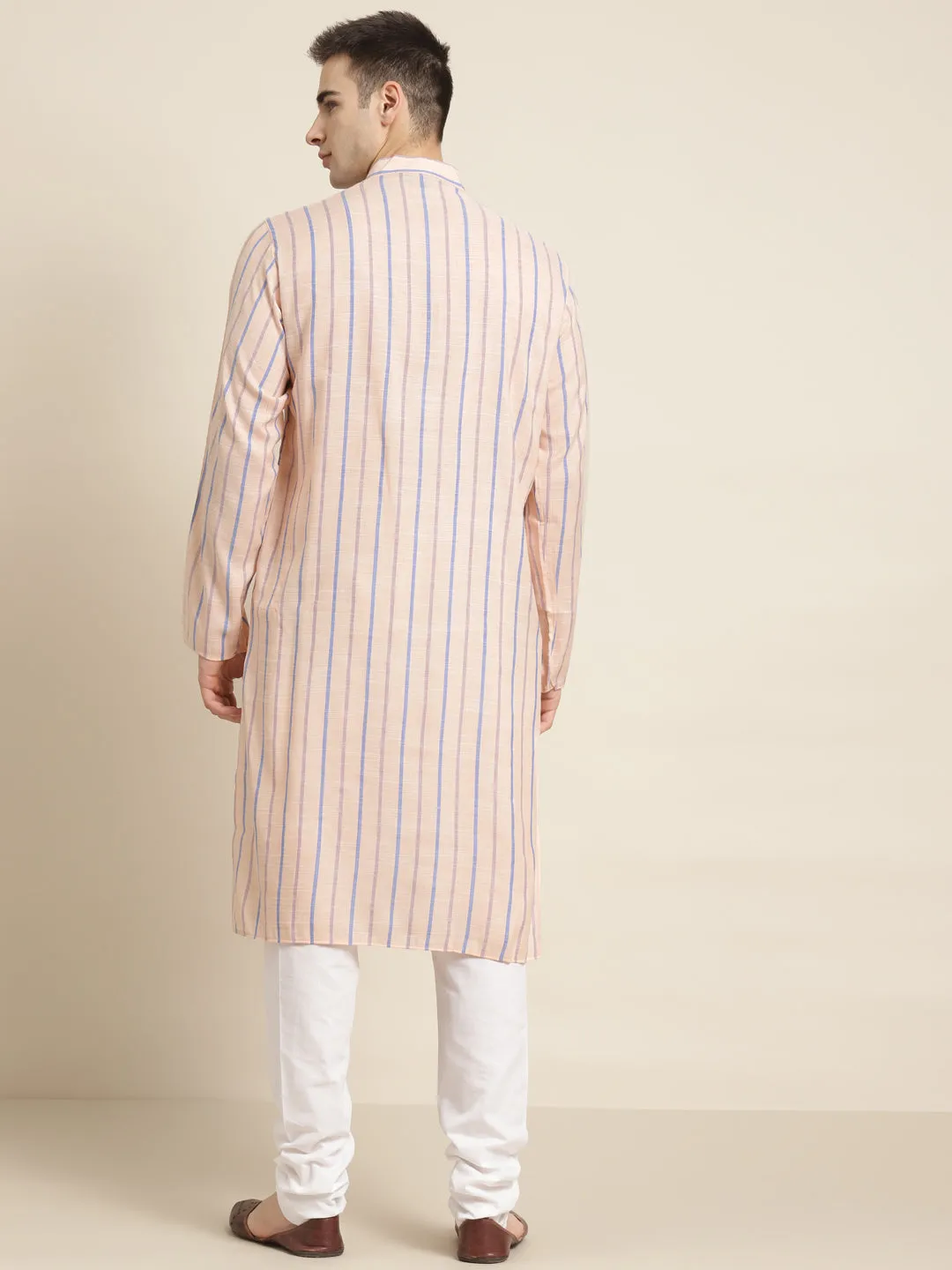 Men's Cotton Peach Orange Kurta & White Churidar Pyjama Set - Sojanya