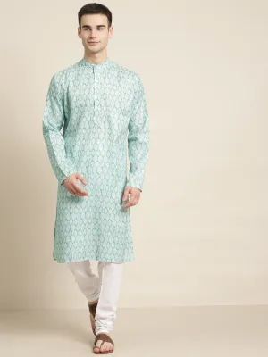 Men's Cotton Sea Green Printed Kurta & White Churidar Pyjama Set - Sojanya