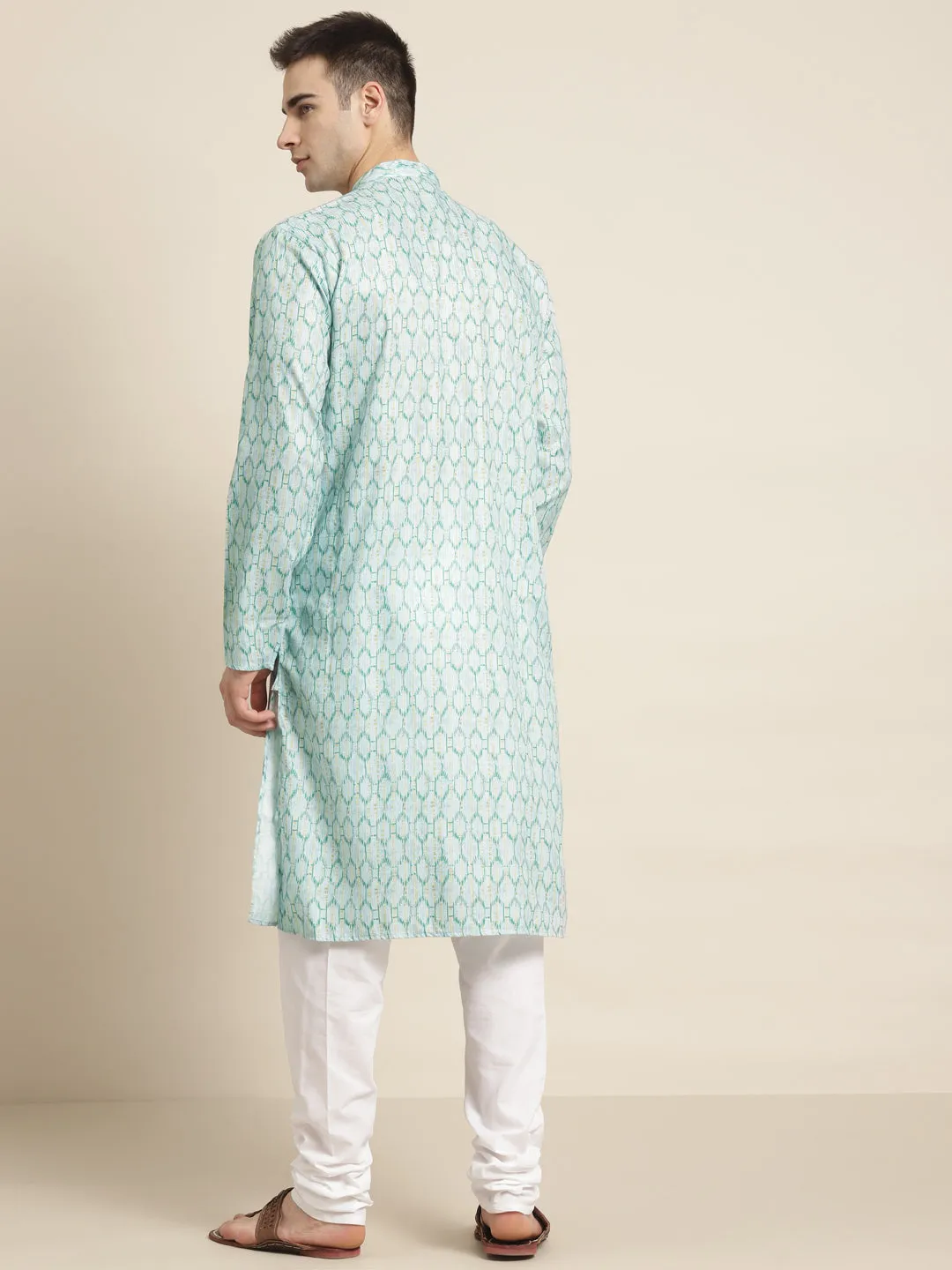 Men's Cotton Sea Green Printed Kurta & White Churidar Pyjama Set - Sojanya