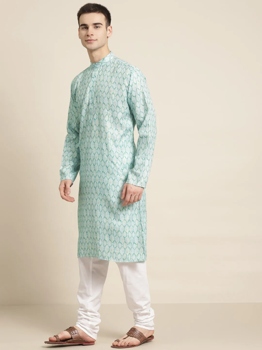 Men's Cotton Sea Green Printed Kurta & White Churidar Pyjama Set - Sojanya