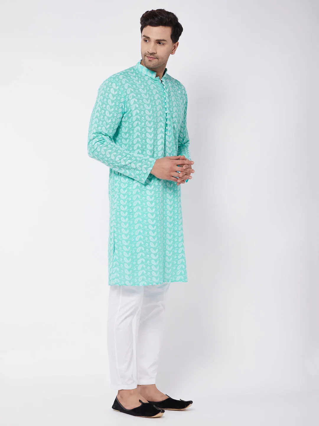 Men's Green And White Pure Cotton Kurta Pyjama Set - Vastramay