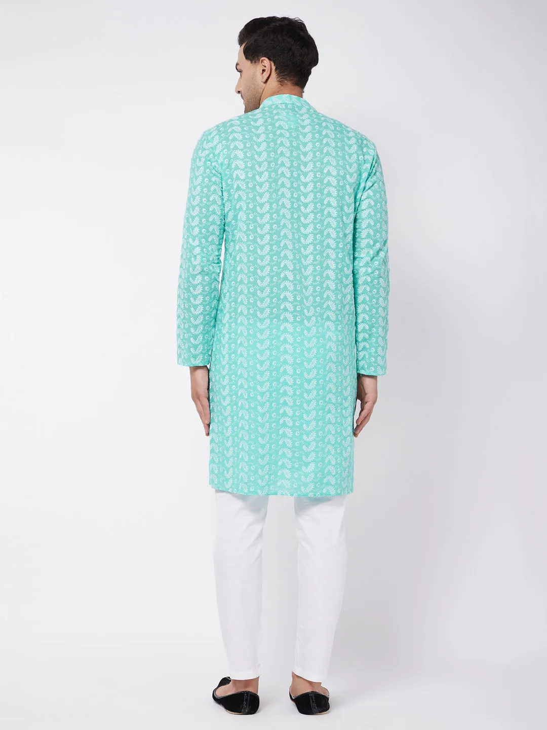 Men's Green And White Pure Cotton Kurta Pyjama Set - Vastramay