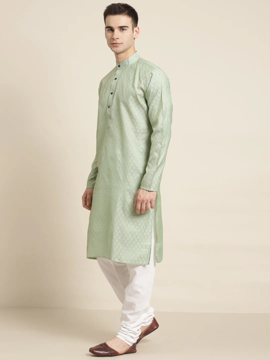 Men's Jacq Silk Pista Green Self design Kurta & Off-White Churidar Pyjama Set - Sojanya