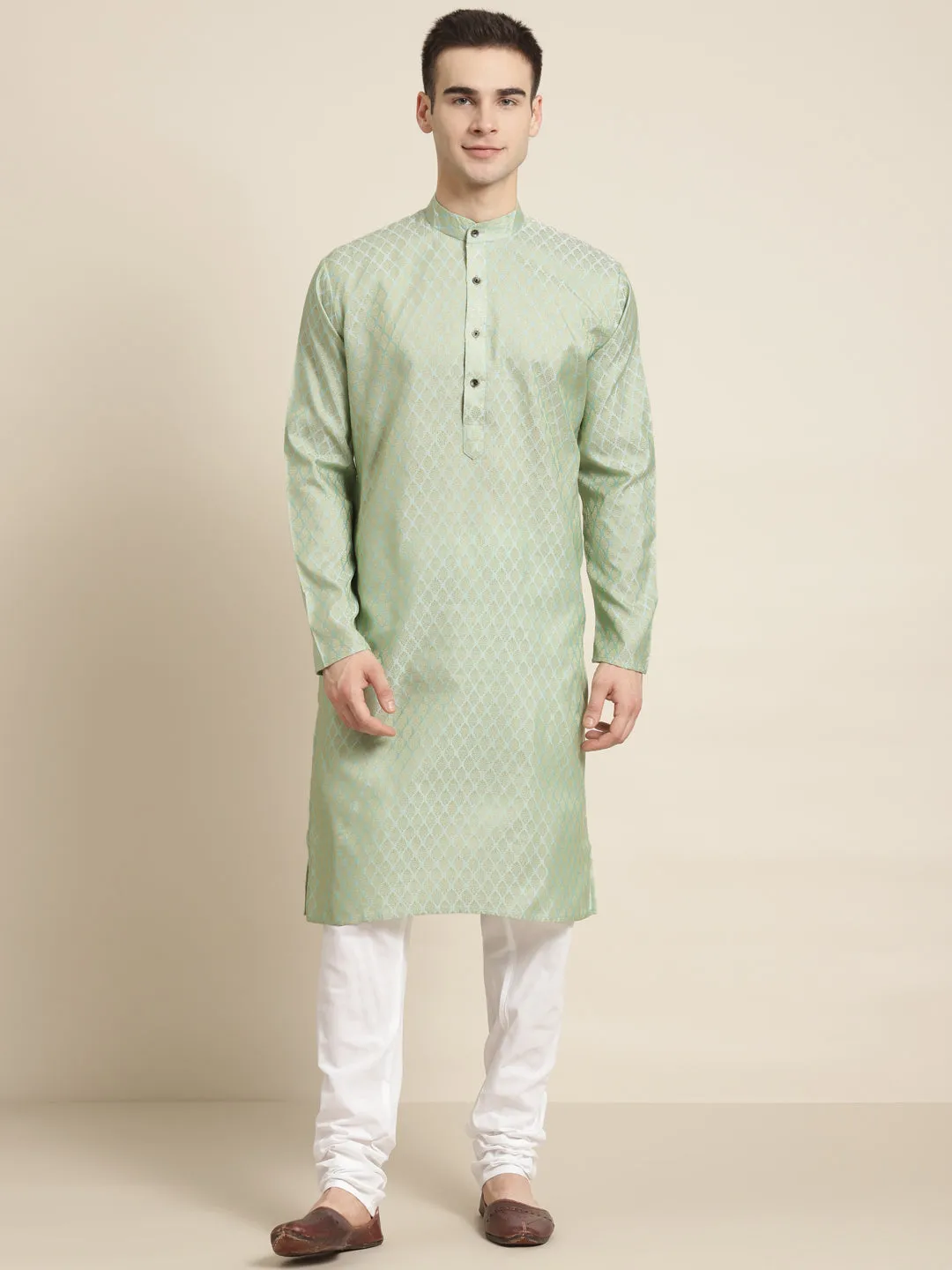 Men's Jacq Silk Pista Green Self design Kurta & Off-White Churidar Pyjama Set - Sojanya