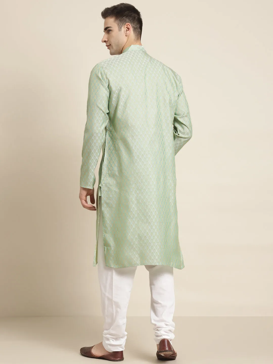 Men's Jacq Silk Pista Green Self design Kurta & Off-White Churidar Pyjama Set - Sojanya