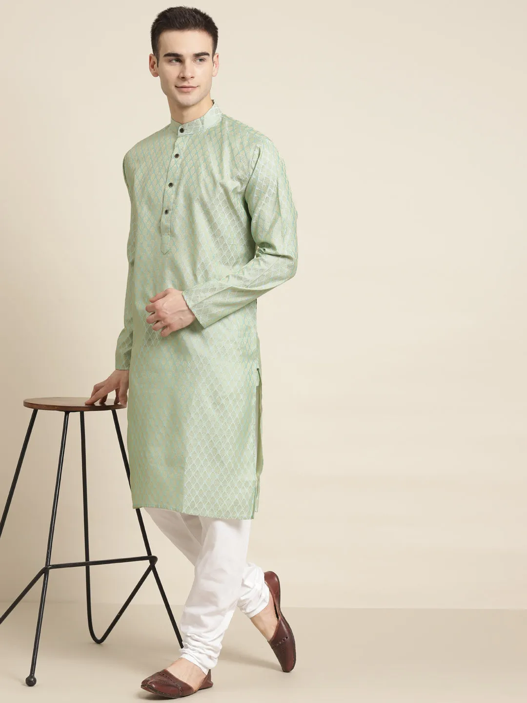 Men's Jacq Silk Pista Green Self design Kurta & Off-White Churidar Pyjama Set - Sojanya