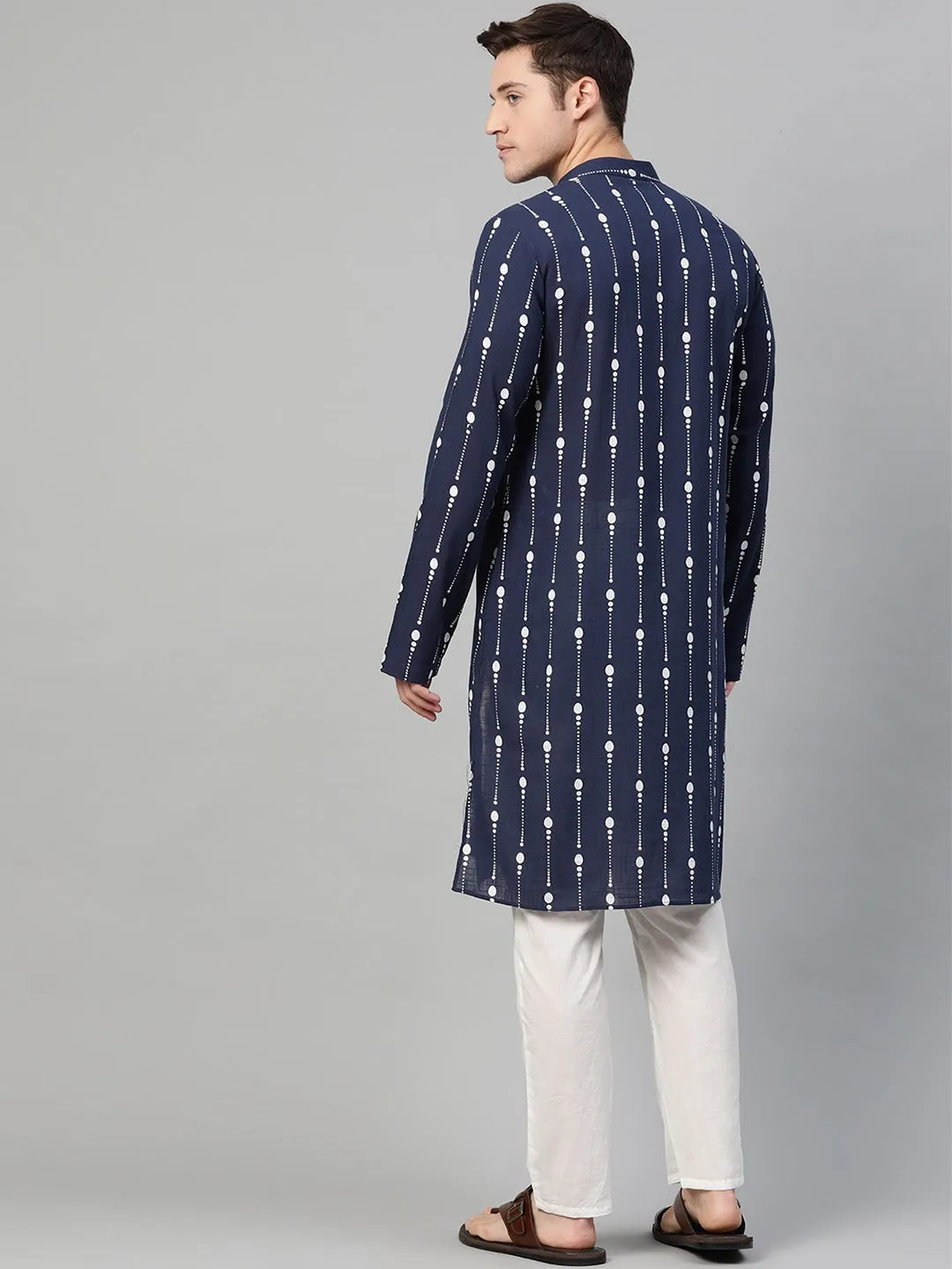 Men's Navy Blue & White Printed Straight Kurta With Pyjama - See Designs