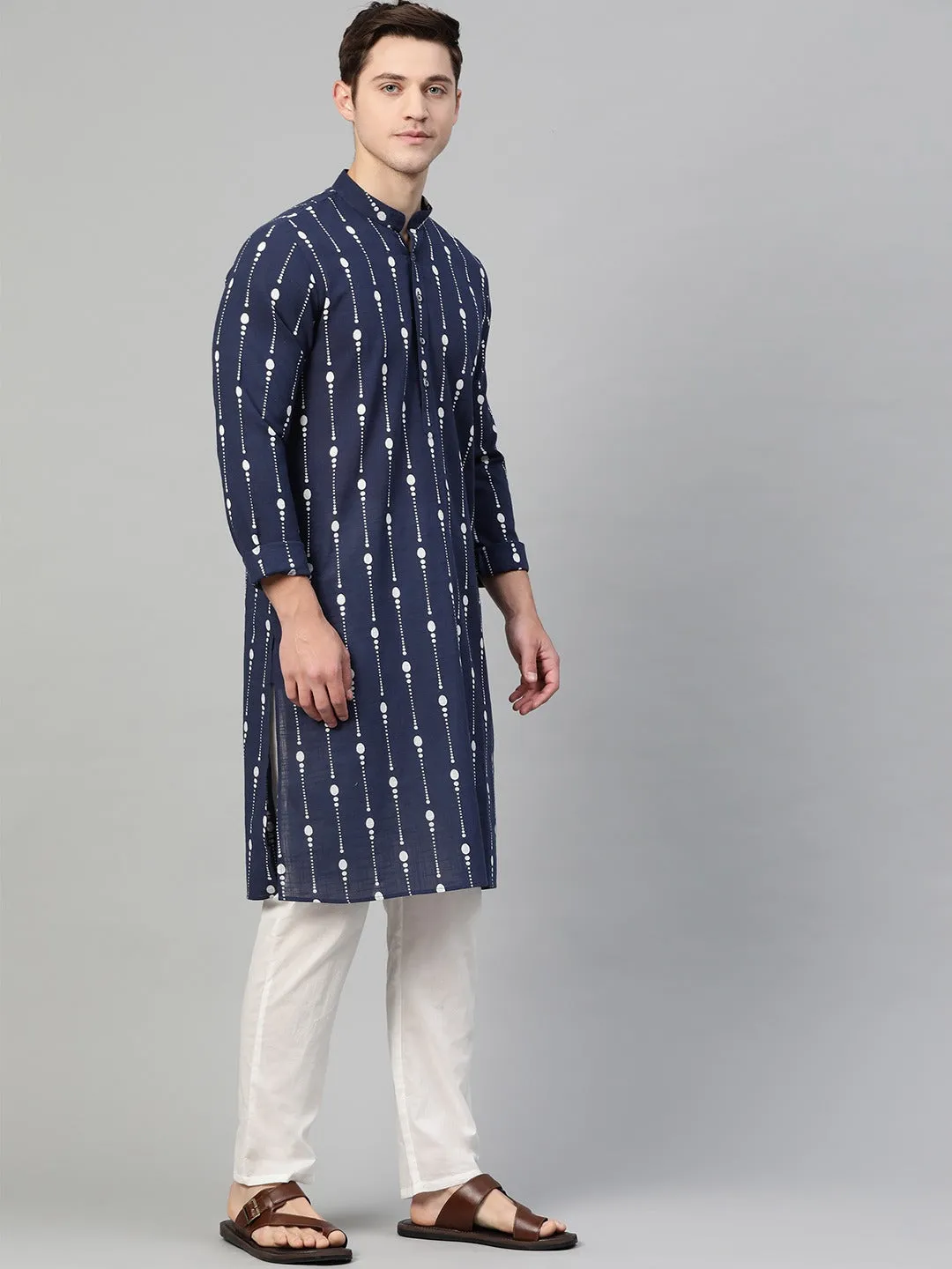 Men's Navy Blue & White Printed Straight Kurta With Pyjama - See Designs