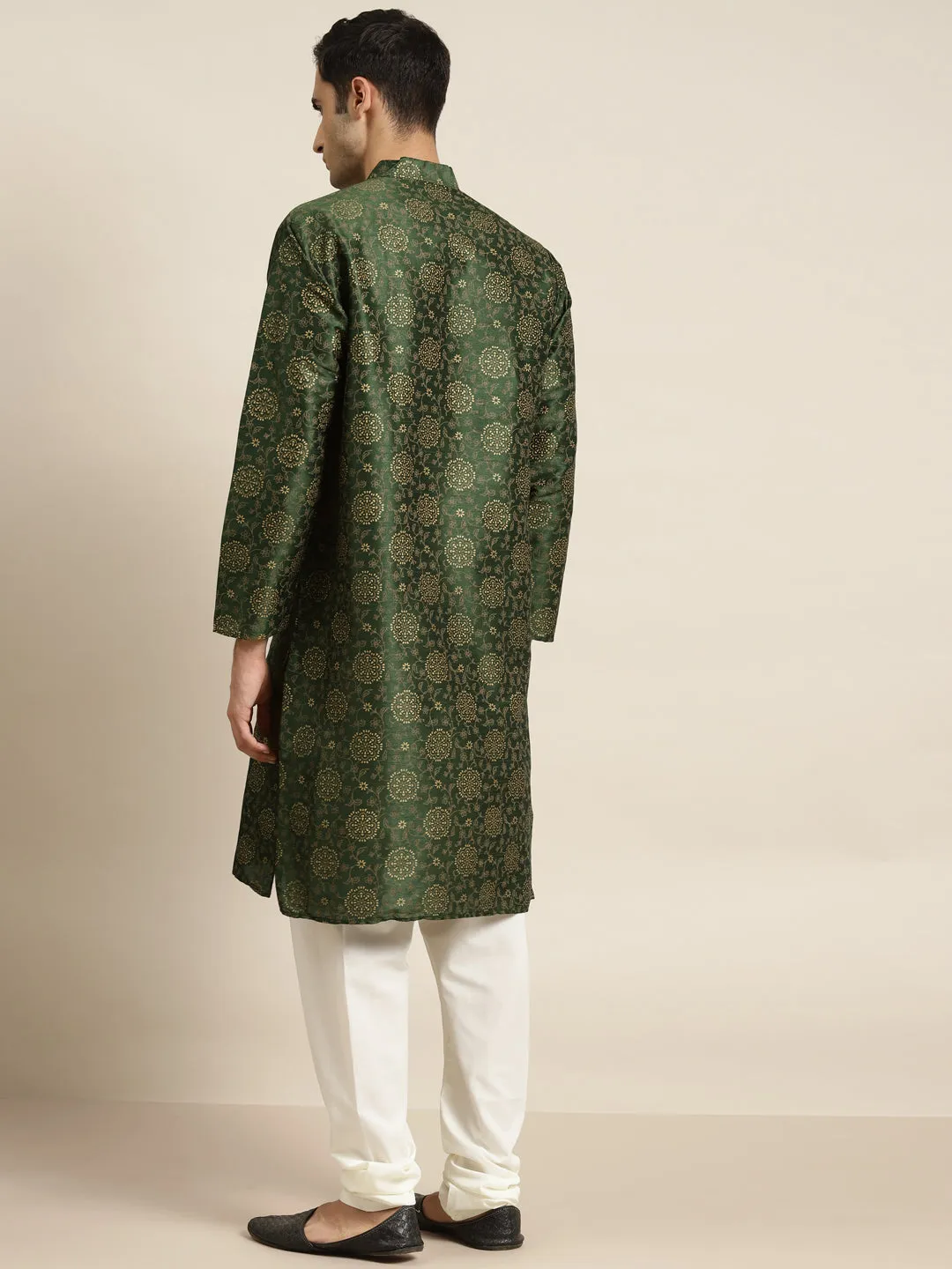 Men's Silk Blend Dark Green Kurta & Off White Churidar Pyjama Set - Sojanya