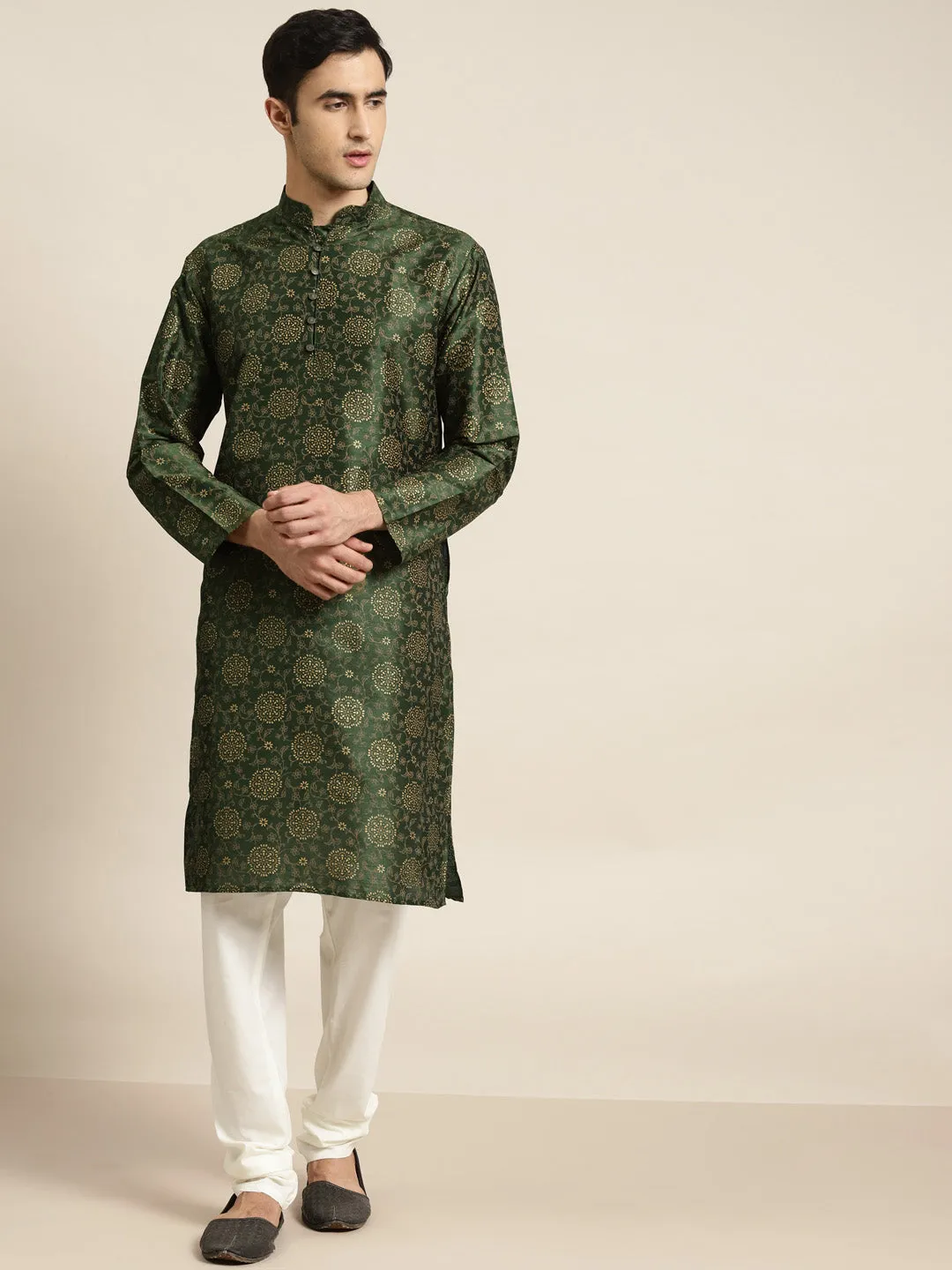 Men's Silk Blend Dark Green Kurta & Off White Churidar Pyjama Set - Sojanya