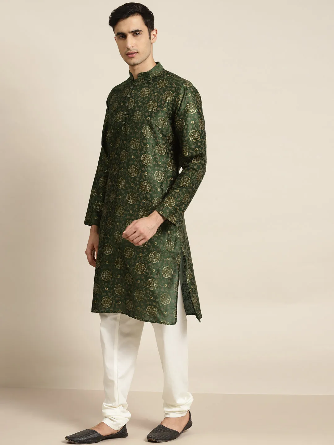 Men's Silk Blend Dark Green Kurta & Off White Churidar Pyjama Set - Sojanya