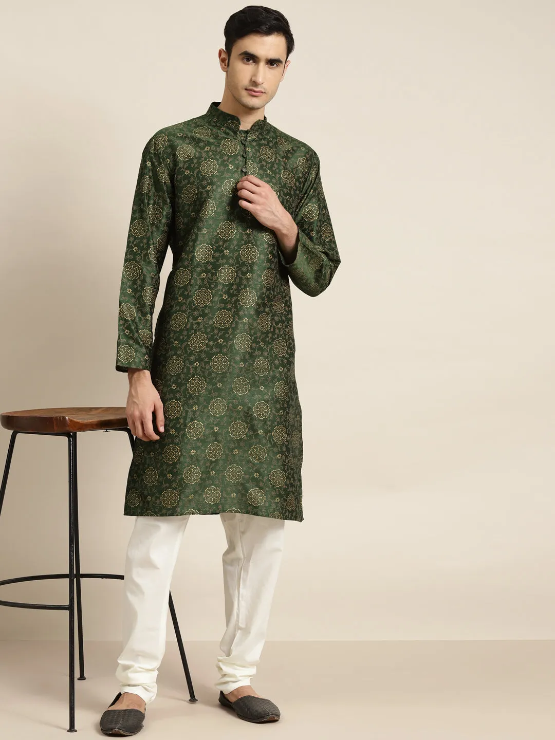 Men's Silk Blend Dark Green Kurta & Off White Churidar Pyjama Set - Sojanya