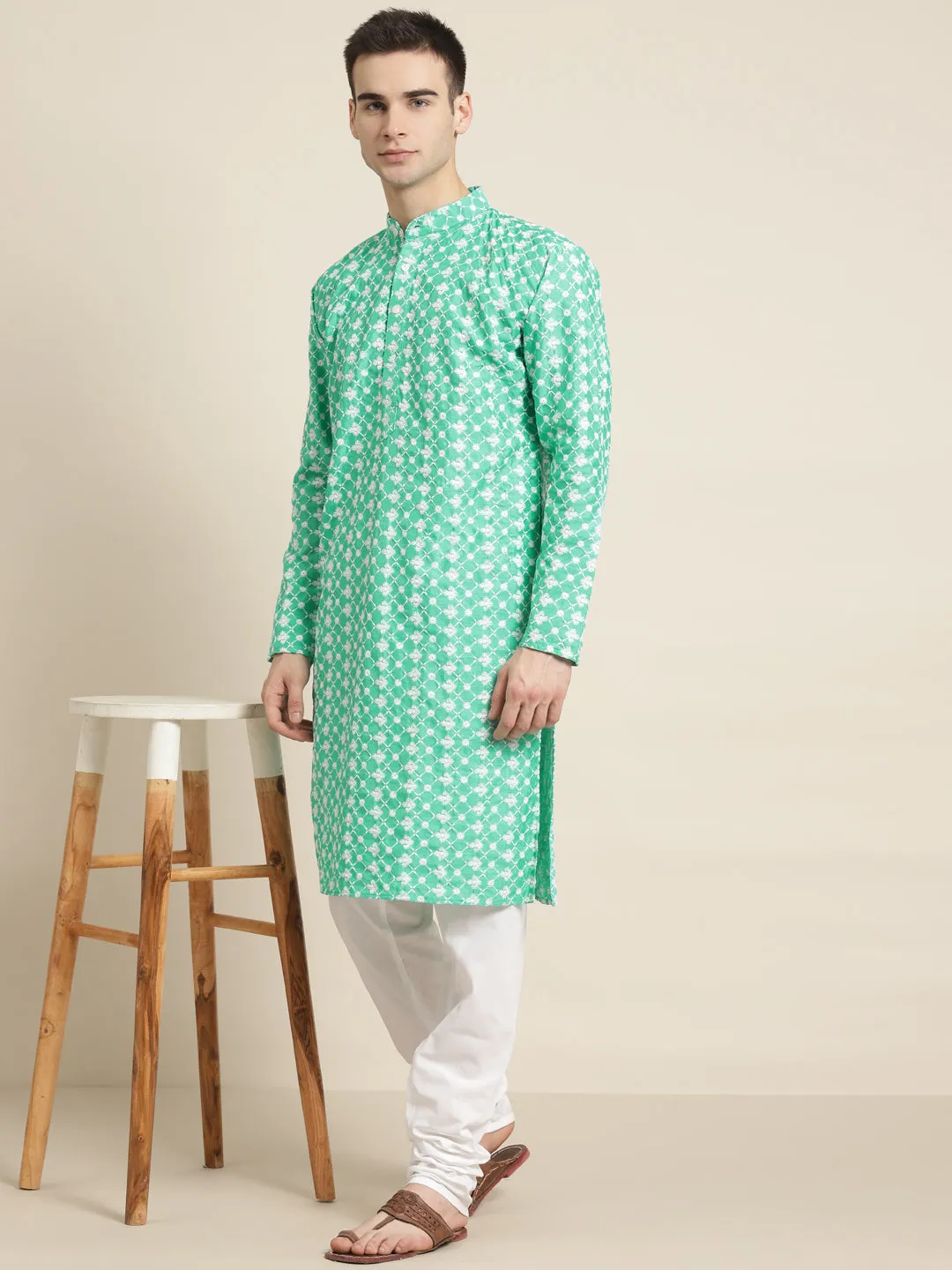 Men's Silk Blend Rama Green Embroidered Kurta & White Churidar Pyjama Set - Sojanya