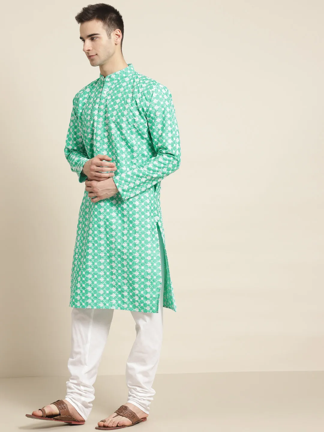 Men's Silk Blend Rama Green Embroidered Kurta & White Churidar Pyjama Set - Sojanya