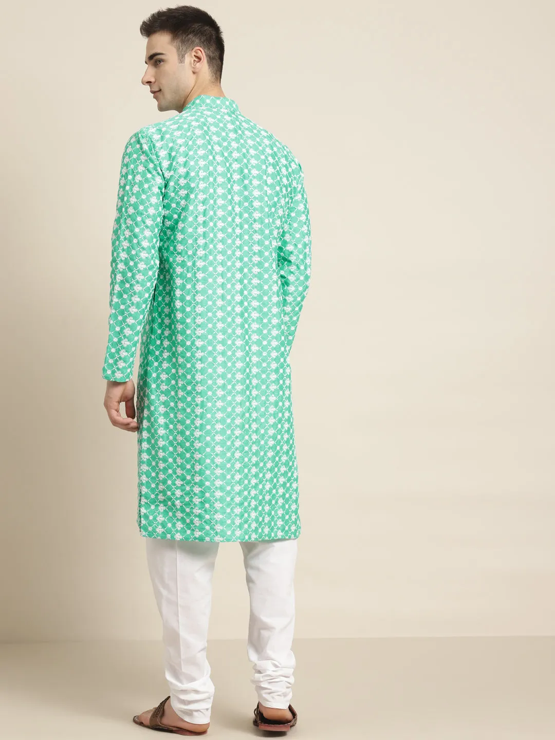 Men's Silk Blend Rama Green Embroidered Kurta & White Churidar Pyjama Set - Sojanya