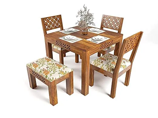 MoonWooden Sheesham Wood 6 Seater Dining Table with 3 Cushioned Chairs and 1 Bench for Home Dining Room Hotel Solid Wooden CNC Design Table (Honey Finish)