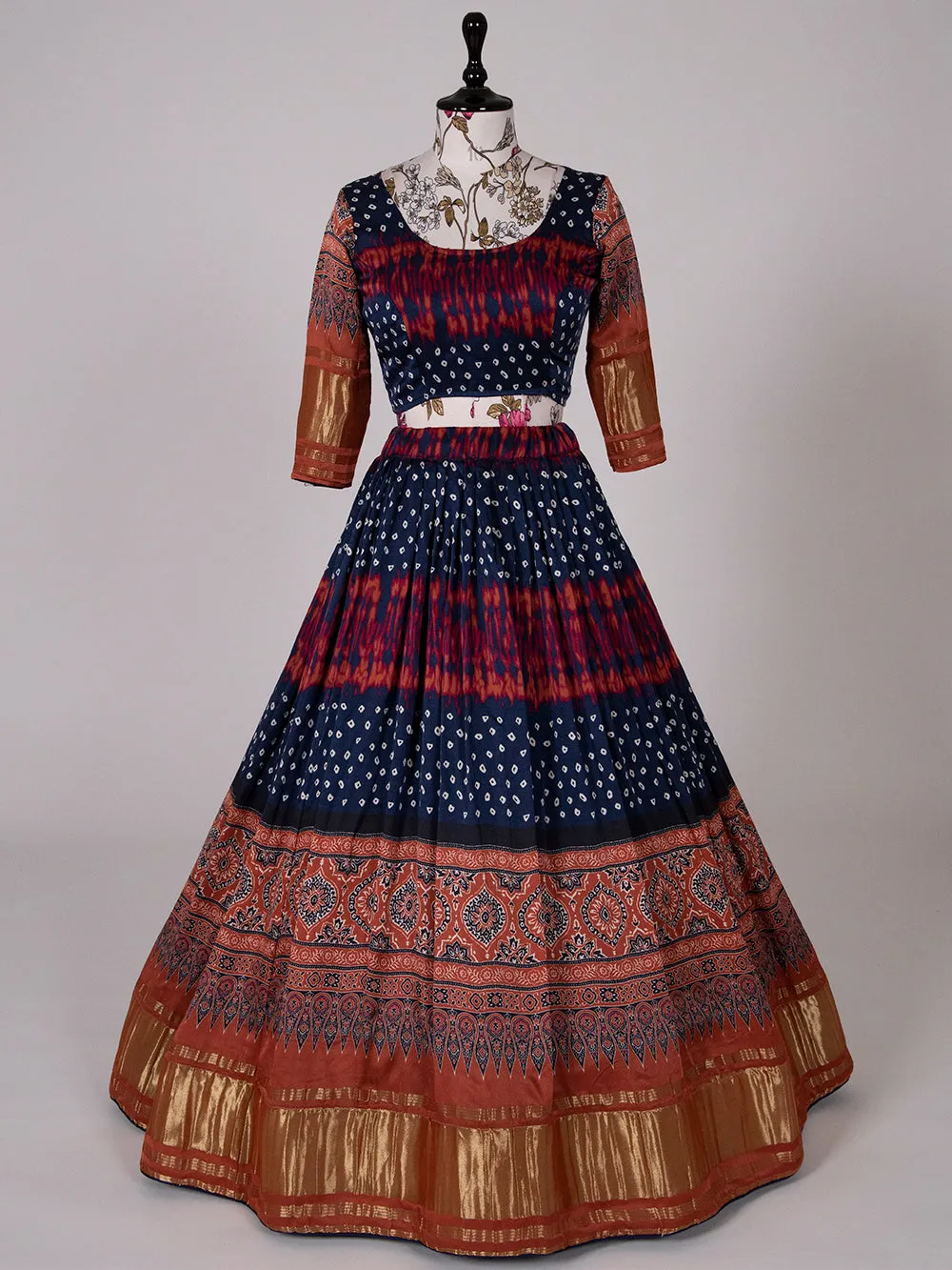 Navy Blue Color Bandhani Printed Pure Gaji Silk Navaratri Chaniya Choli