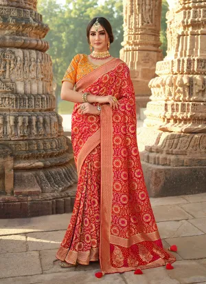 Orange And Red Traditional Embroidered Silk Saree