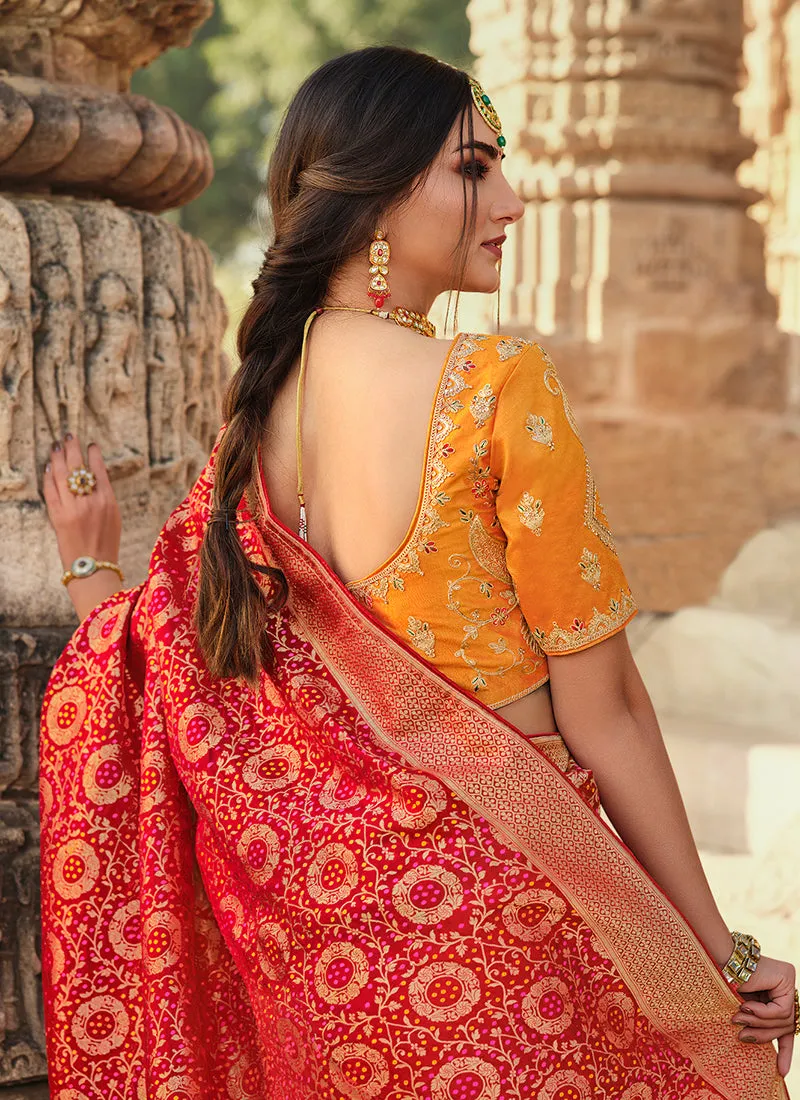 Orange And Red Traditional Embroidered Silk Saree